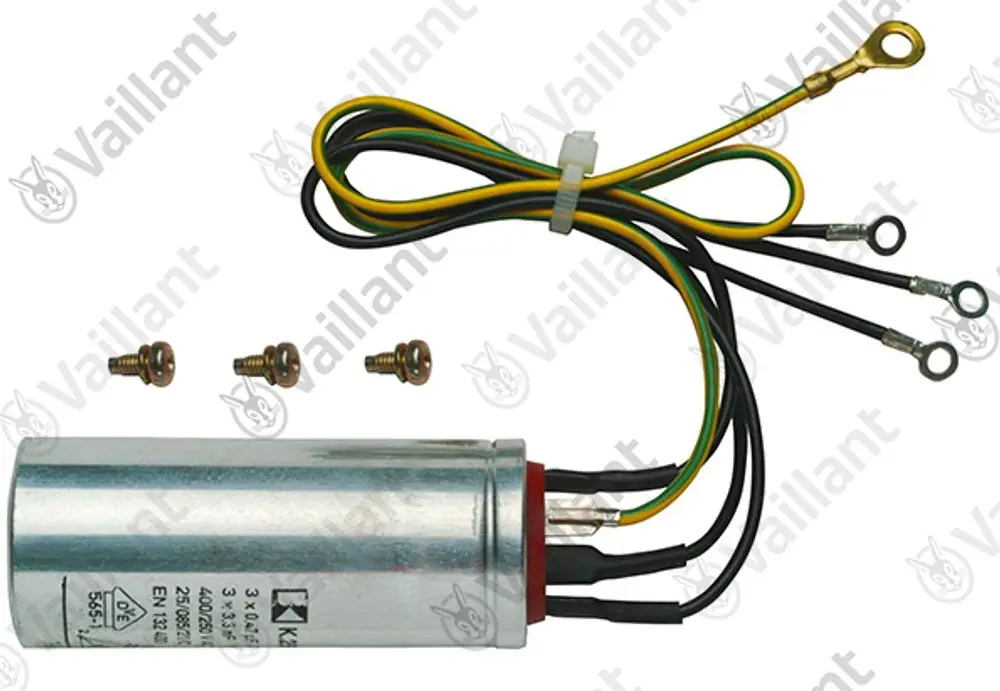Vaillant Kondensator mit Anschlusskabeln und drei Schrauben. Metallisches Gehäuse. Geeignet für elektronische Anwendungen.